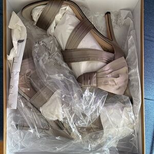 Nicole Miller Taupe Satin Bow High Heel Sandals